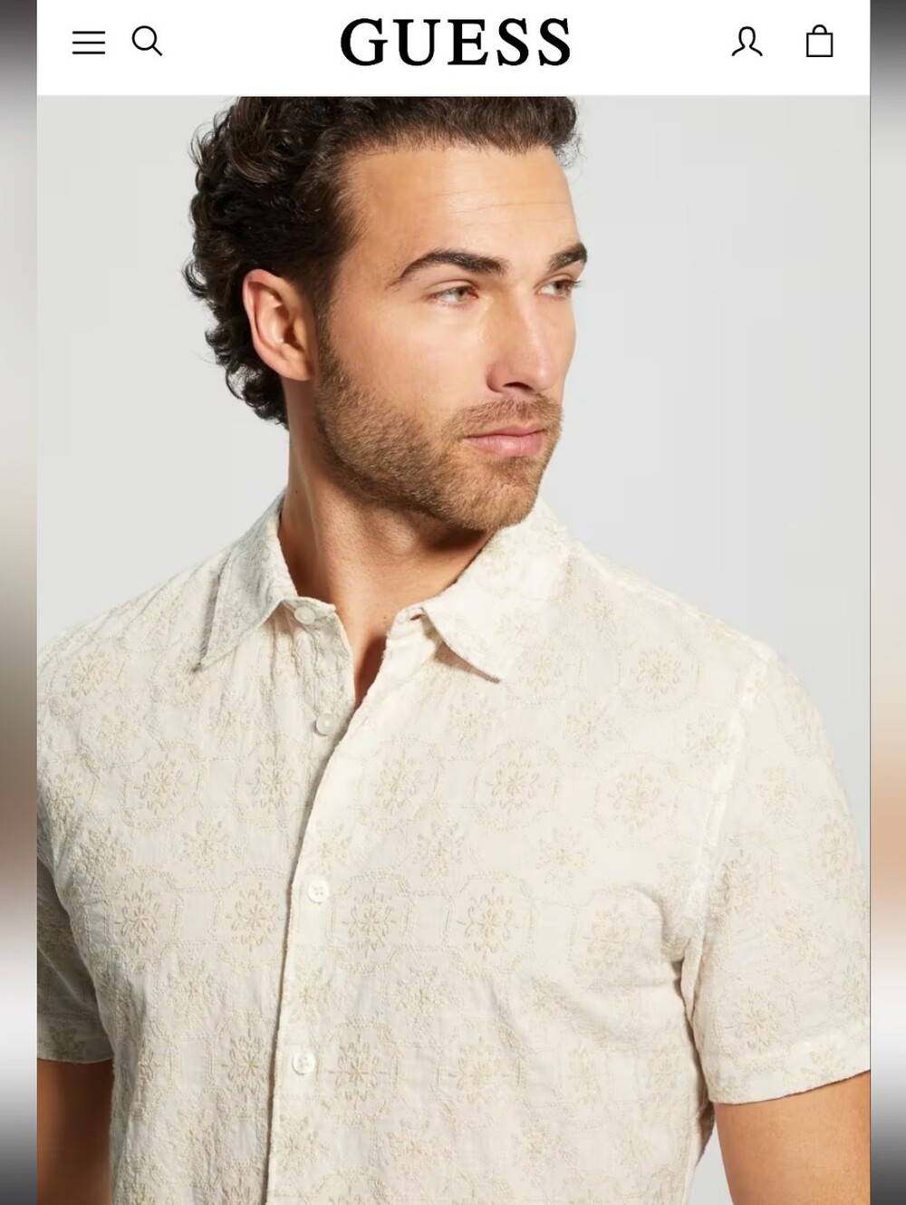 GUESS Men's Short-Sleeve Embroidered Slim Fit Button-Down Shirt in Cream, Medium